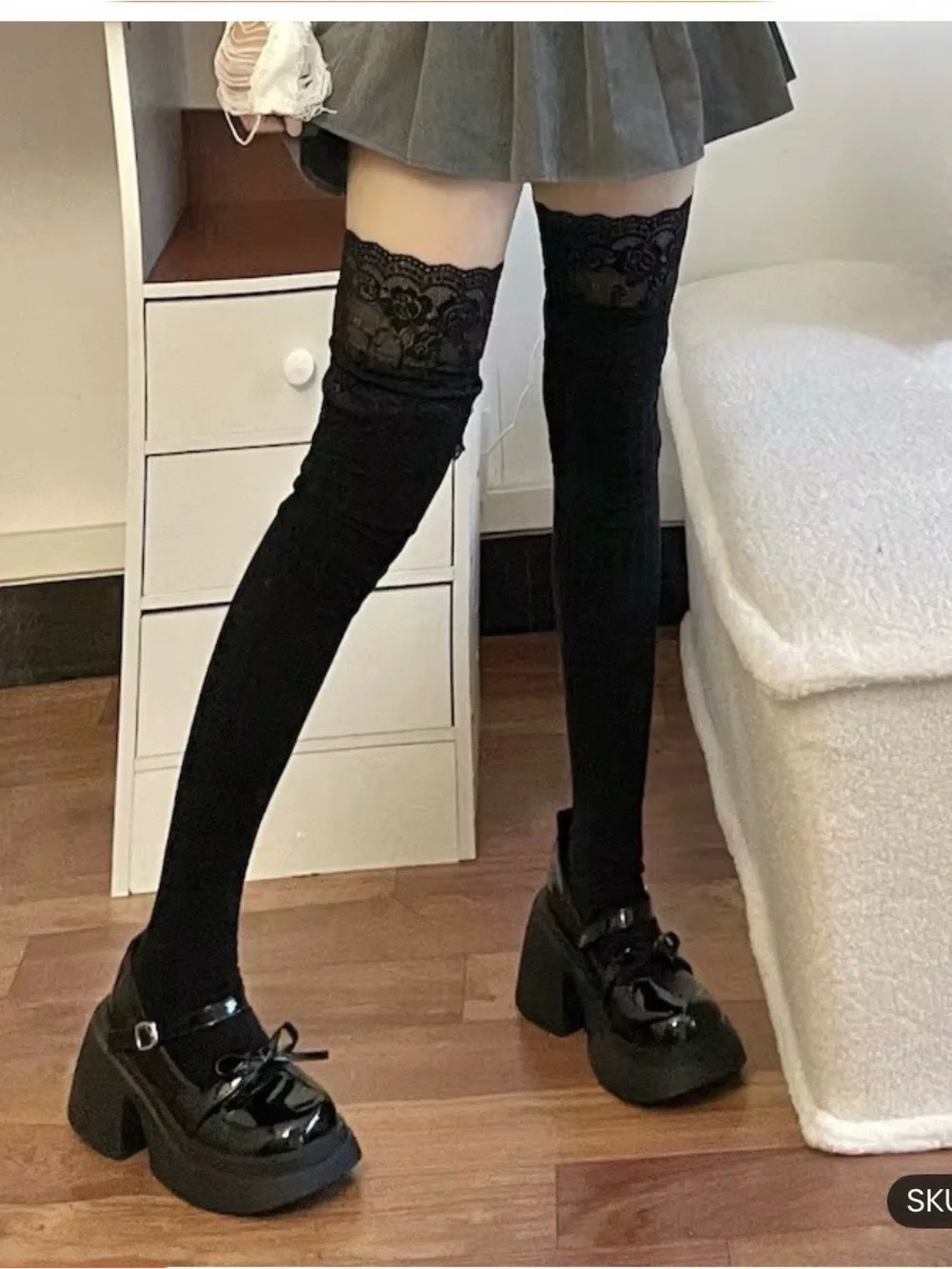 Black Lace-Top Thigh High Socks for Women
